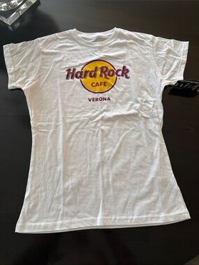 Hard Rock Cafe White T-Shirt with Yellow and Burgundy Logo